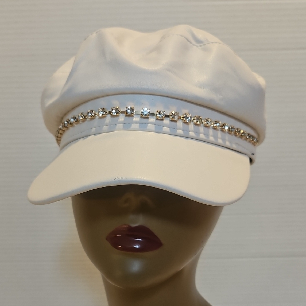 Elegant White Cap with Rhinestone Detail